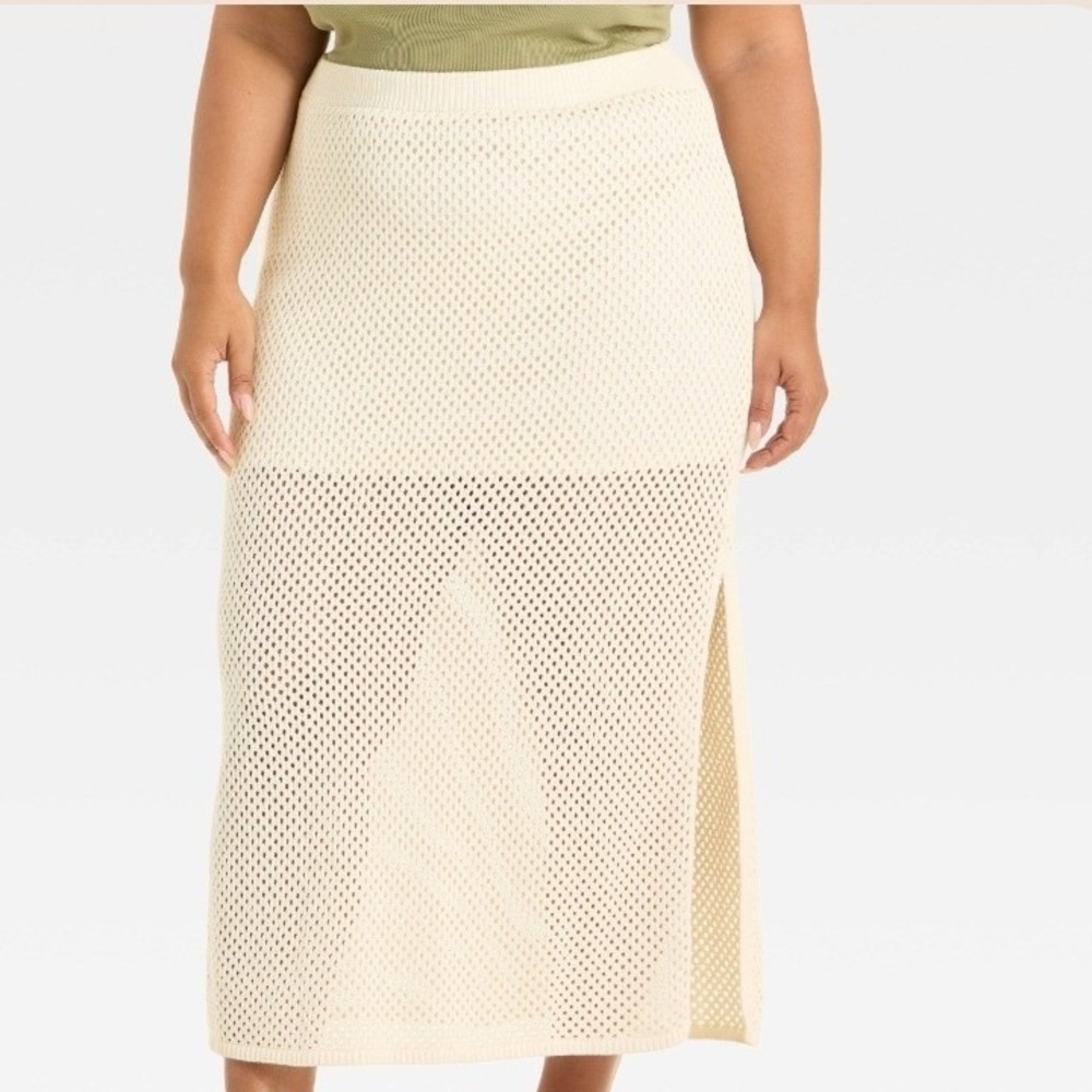 Universal Thread Womens Cream Open Work Crochet Midi Skirt XXL  Side Slit